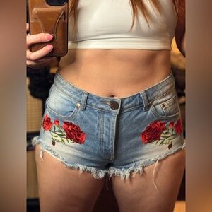 Beautiful sexy Embroidered Denim Shorts with Red Rose Design. Size L
